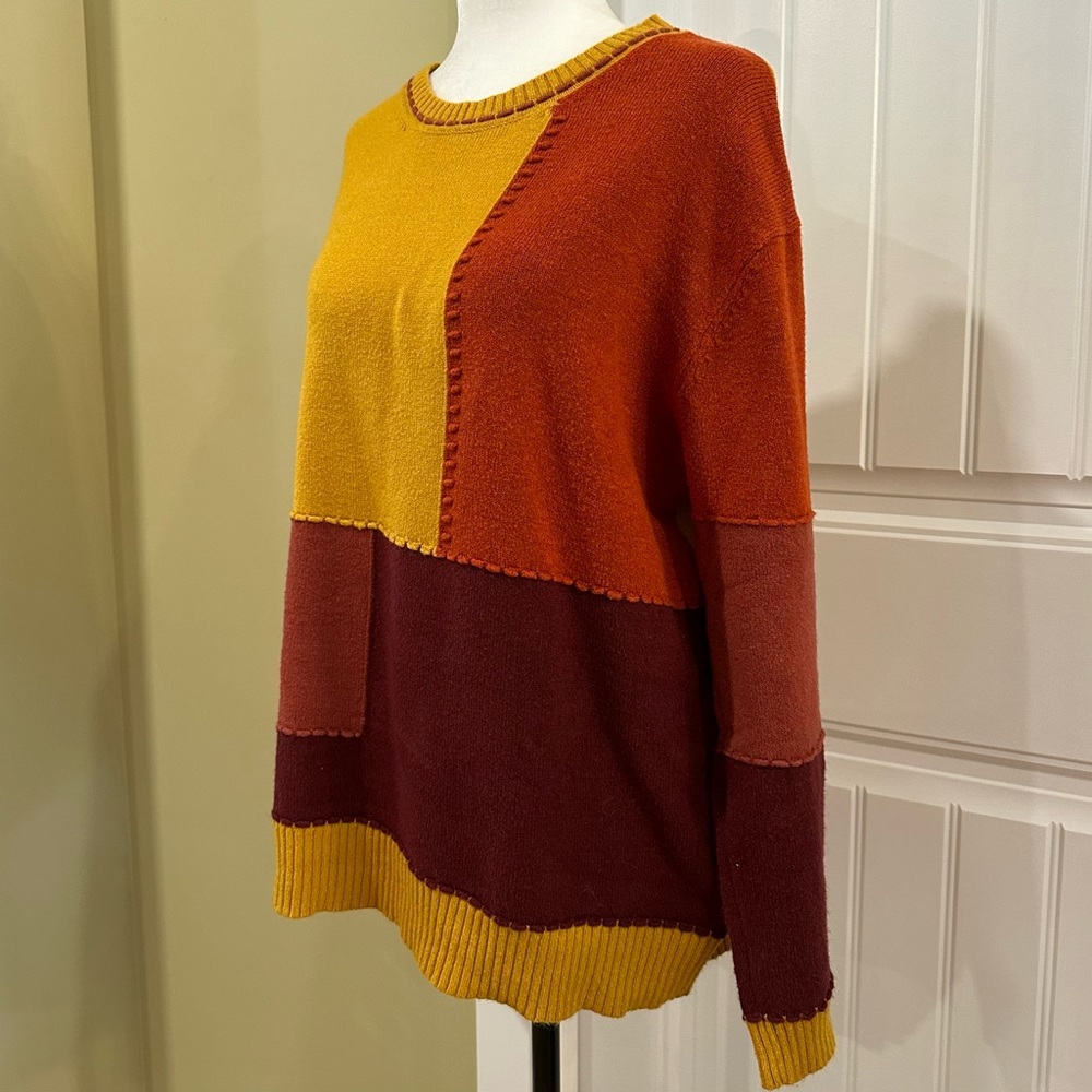 Fall Color Patchwork Colorblock Crew Neck Sweater Large Gold - Picture 7 of 10